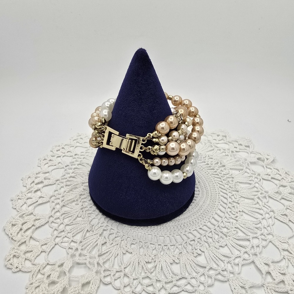Vintage Imitation Pearl Bracelet Torque Pave Rhinestone 6 Strands 6" - Picture 5 of 7
